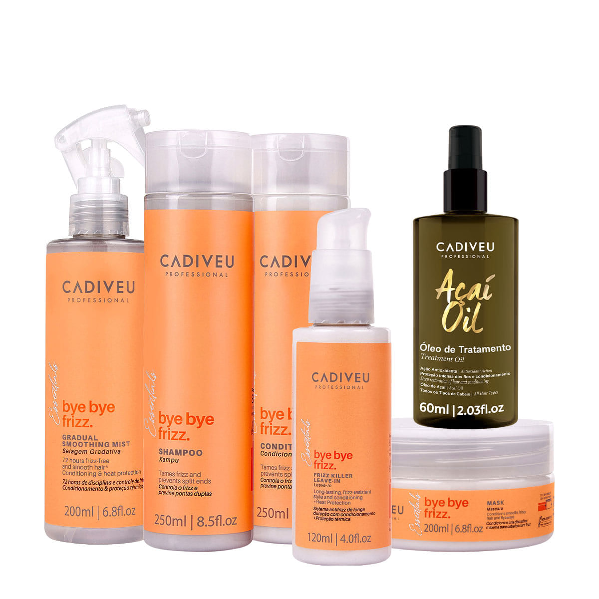 Kit Cadiveu Professional Bye Bye Frizz Shampoo Condicionador Selagem Gradativa Leave-in Máscara e Açaí Oil 60 (6 produto