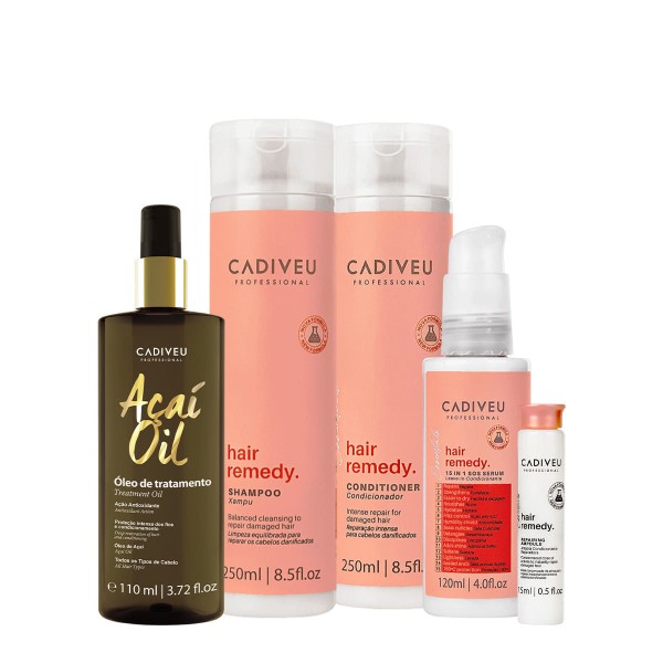 Encontraproduto.com.br - Kit Cadiveu Essentials Hair Remedy Shampoo Condicionador Leave-in Sérum Ampola e Açaí Oil 110 (5 produtos)