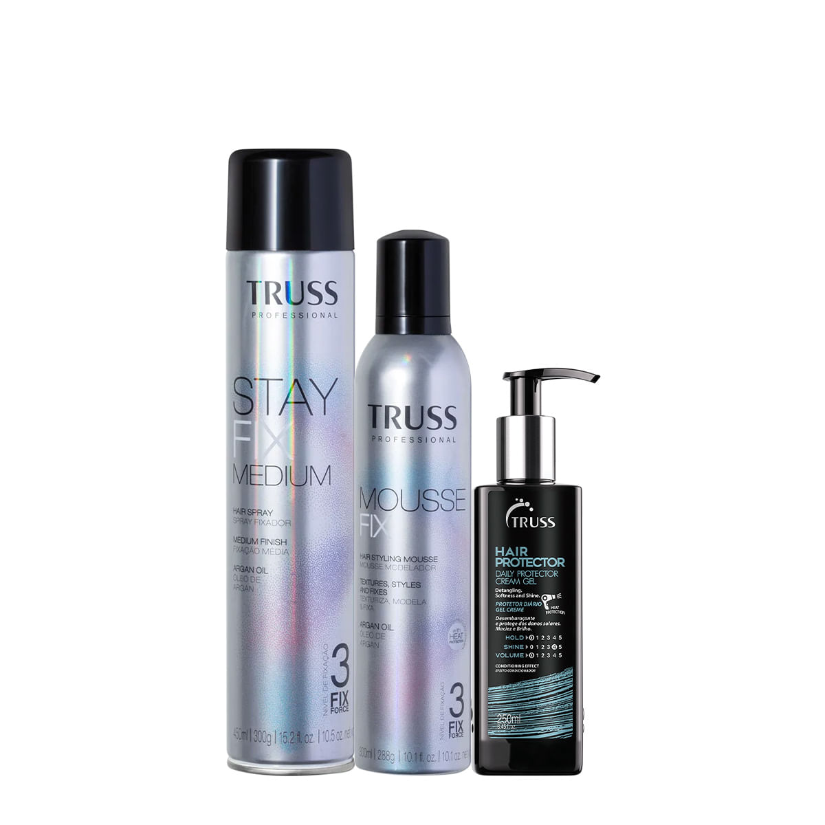 Encontraproduto.com.br - Kit Truss Mousse Fix Mousse Modelador Shine Fix Medium Fixador e Hair Protector (3 produtos)