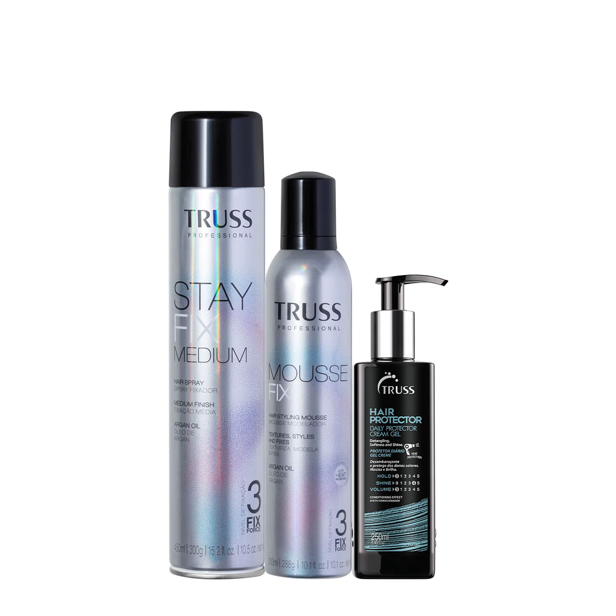 Kit Truss Mousse Fix Mousse Modelador Shine Fix Medium Fixador e Hair Protector (3 produtos)