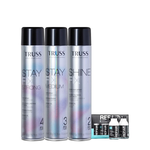 Kit Truss Shock Repair Ampolas Fix Medium Strong e Shine Spray de Brilho (4 produtos)