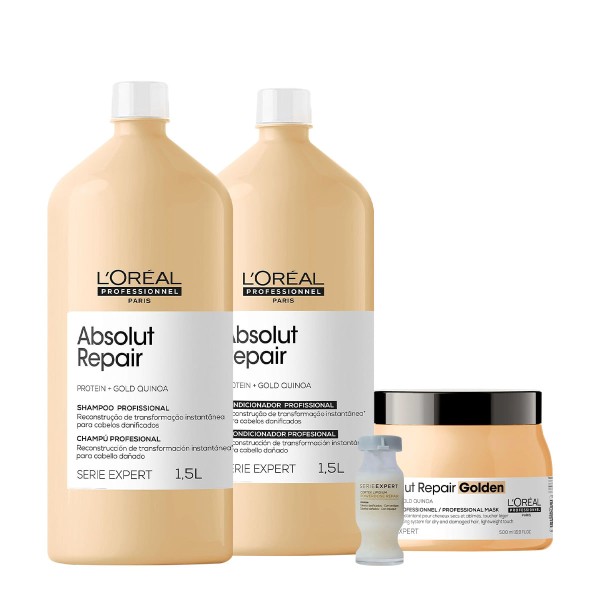 LOreal Professionnel Absolut Repair Salon Golden Shampoo Condicionador Litro Máscara G e Ampola (4 produtos)