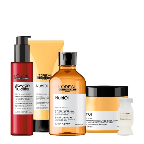 Encontraproduto.com.br - Kit LOréal Professionnel NutriOil Shampoo Condicionador Máscara e Blow Dry Fluidifier Leave-In e Ampola (5 produtos)