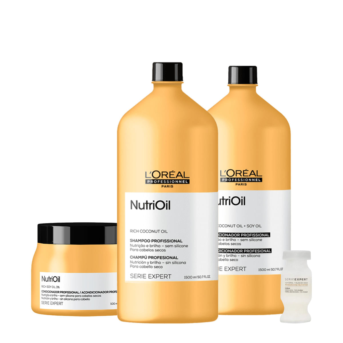Kit LOréal Professionnel Serie Expert NutriOil Shampoo Condicionador Litro Máscara e Ampola (4 produtos)