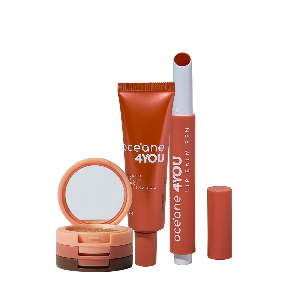 Kit Océane 4you Trio de Sombras Cooper Shine Hidratante Labial Coral e Blush Líquido Laranja (3 Produtos)