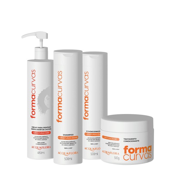 Encontraproduto.com.br - Kit Acquaflora Forma Curvas Shampoo Condicionador Tratamento Condicionante e Creme de Pentear Cachos (4 produtos)
