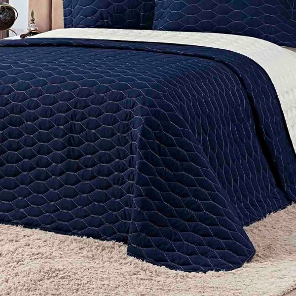 Encontraproduto.com.br - Kit Cobre Leito Colcha Jade Queen 03 Peças Micropercal 200 Fios Matelado Clean - Azul Marinho