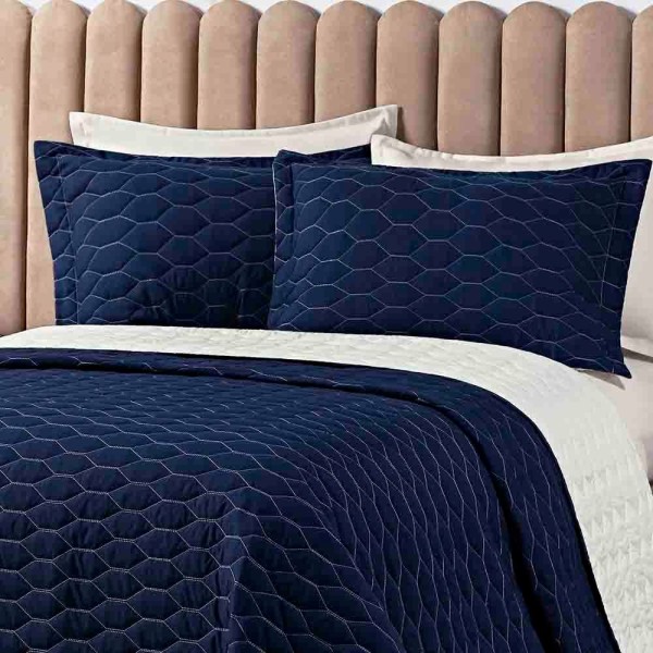 Encontraproduto.com.br - Kit Cobre Leito Colcha Jade Queen 03 Peças Micropercal 200 Fios Matelado Clean - Azul Marinho