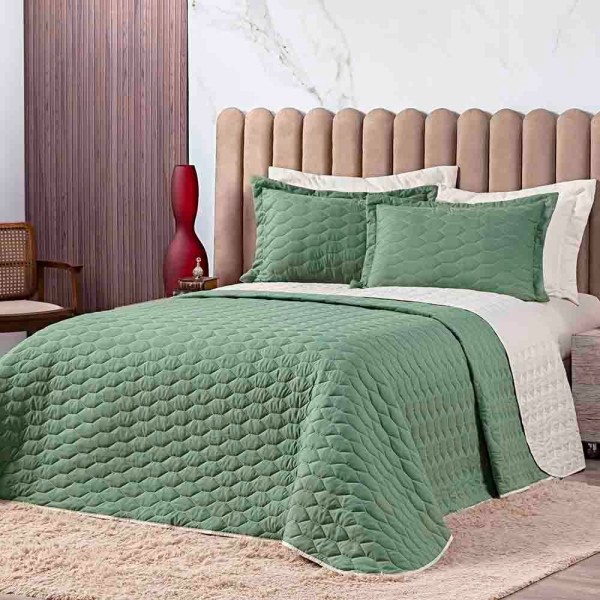 Encontraproduto.com.br - Kit Cobre Leito Colcha Jade Queen 03 Peças Dupla Face Micropercal 200 Fios Matelado Clean - Verde
