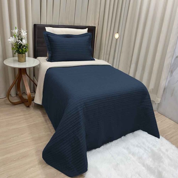 Kit Cobre Leito Colcha Celeste Solteiro 02 Peças Micropercal 200 Fios Prático Liso - Azul Marinho