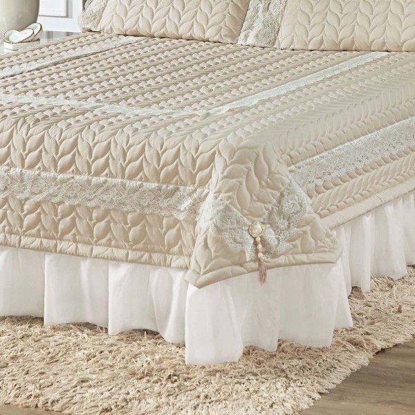 Encontraproduto.com.br - Kit Cobre Leito Colcha Romance Queen 5 Peças Micropercal 200 Fios Matelado Costurado Renda - Palha