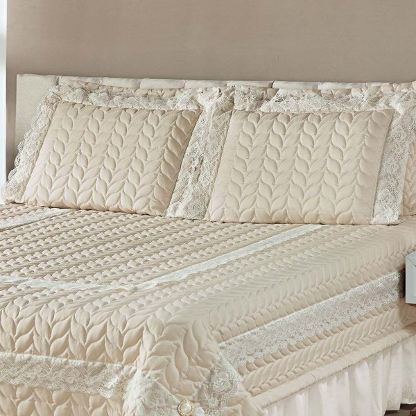 Encontraproduto.com.br - Kit Cobre Leito Colcha Romance Queen 5 Peças Micropercal 200 Fios Matelado Costurado Renda - Palha