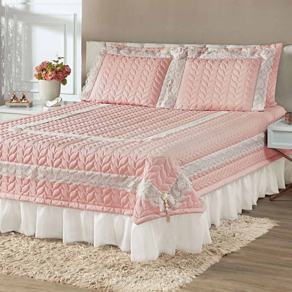 Encontraproduto.com.br - Kit Cobre Leito Colcha Romance King 5 Peças Micropercal 200 Fios Matelado Costurado Renda - Rose