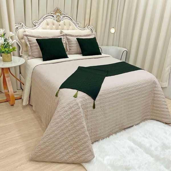 Encontraproduto.com.br - Kit Cobre Leito Colcha Dubai Queen 08 Peças Micropercal 200 Fios Xale Pompom Clean - Verde Bege