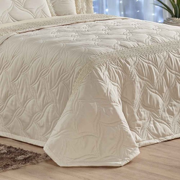 Encontraproduto.com.br - Kit Cobre Leito Colcha Serene Queen 7 Peças Micropercal 200 Fios Guipir Bordado Suave - Bege