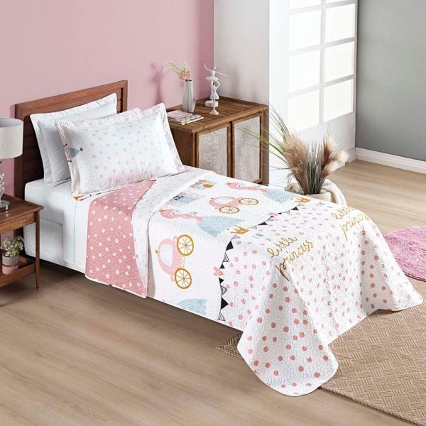Encontraproduto.com.br - Kit Cobre Leito Colcha Carrosel Infantil Solteiro 2 Peças Microfibra Dupla Face - Princesa Princess