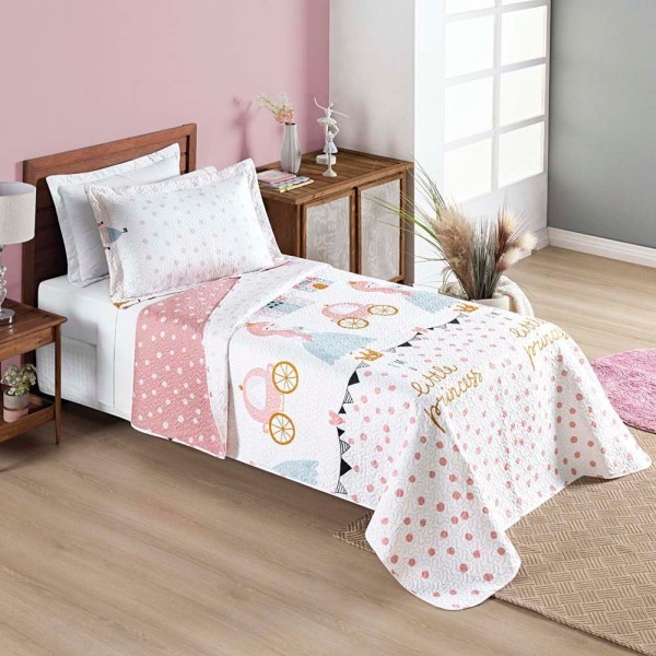 Encontraproduto.com.br - Kit Cobre Leito Colcha Carrosel Infantil Solteiro 2 Peças Microfibra Dupla Face - Princesa Princess