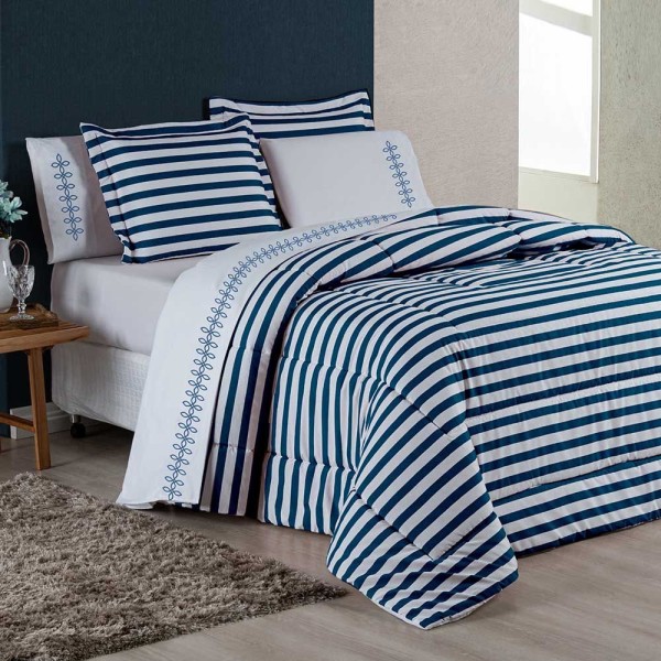 Encontraproduto.com.br - Kit Edredom Royal Listras King 3 Peças Percal 180 Fios - Branco Com Azul