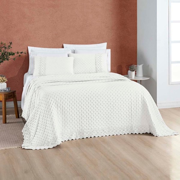 Encontraproduto.com.br - Kit Cobre Leito Colcha Nobre Queen 3 Peças Micropercal 200 Fios Matelado - Off White