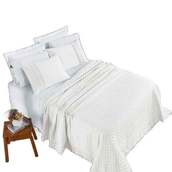 Encontraproduto.com.br - Kit Cobre Leito Colcha Nobre Queen 3 Peças Micropercal 200 Fios Matelado - Off White