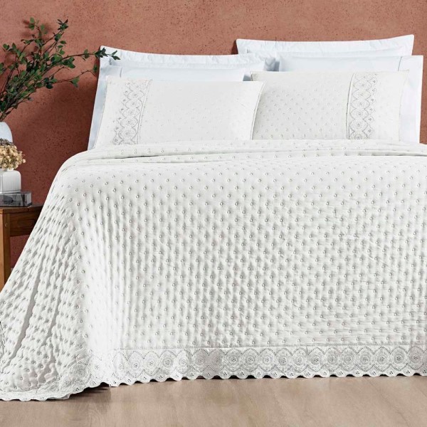 Encontraproduto.com.br - Kit Cobre Leito Colcha Nobre Queen 3 Peças Micropercal 200 Fios Matelado - Off White