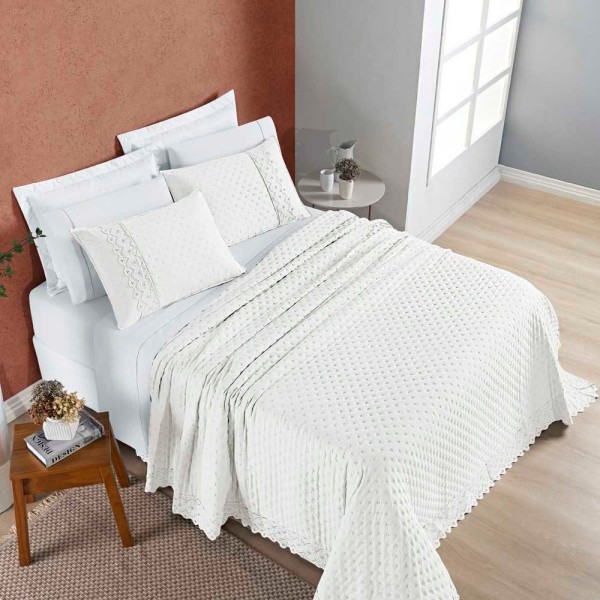 Encontraproduto.com.br - Kit Cobre Leito Colcha Nobre Queen 3 Peças Micropercal 200 Fios Matelado - Off White