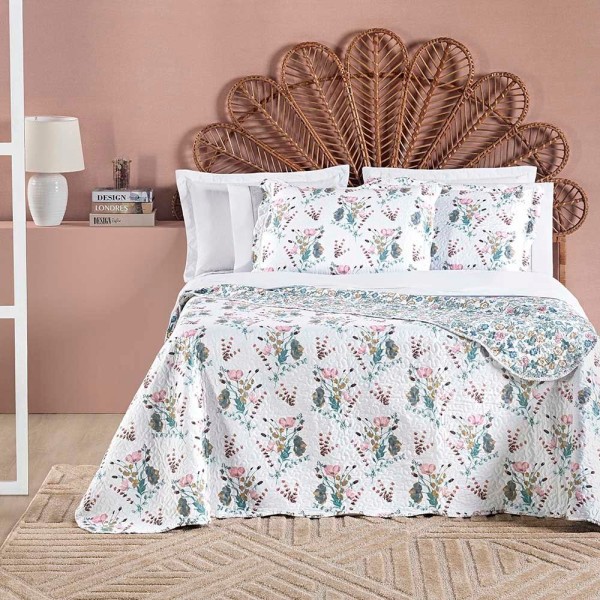 Encontraproduto.com.br - Kit Colcha Cobre Leito Haven Casal 3 Peças Micropercal 200 Fios Dupla Face - Maggie Floral