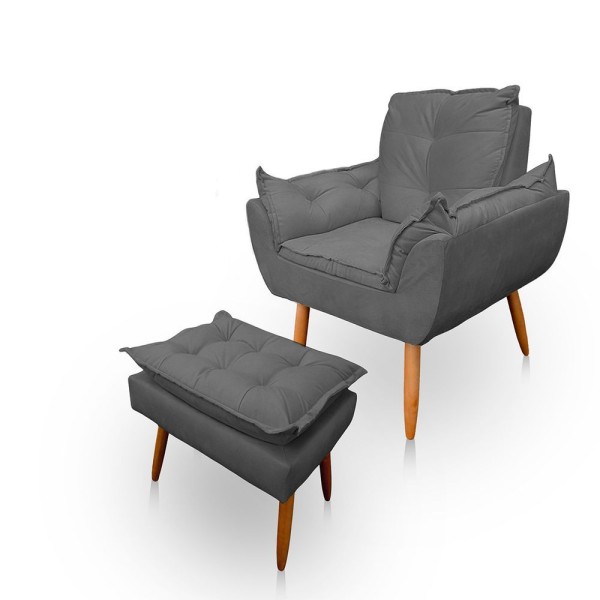 Encontraproduto.com.br - Poltrona Opala Com Puff Opala Para Sala e Quarto Suede Cinza