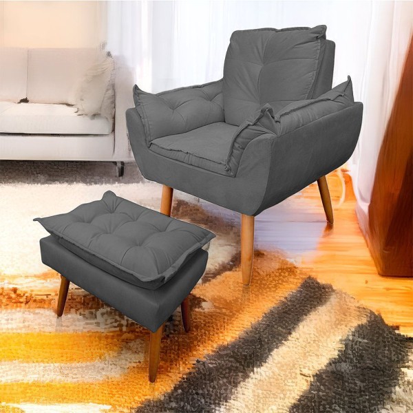 Encontraproduto.com.br - Poltrona Opala Com Puff Opala Para Sala e Quarto Suede Cinza
