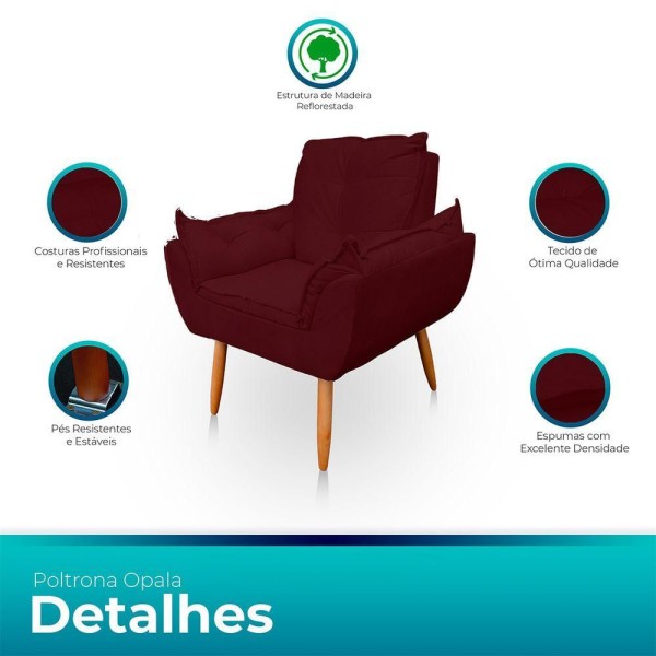 Encontraproduto.com.br - Kit 2 Poltrona Opala Com Puff Opala Para Sala e Quarto Suede Bordo