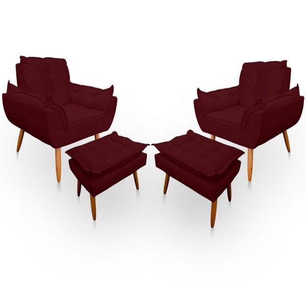 Encontraproduto.com.br - Kit 2 Poltrona Opala Com Puff Opala Para Sala e Quarto Suede Bordo