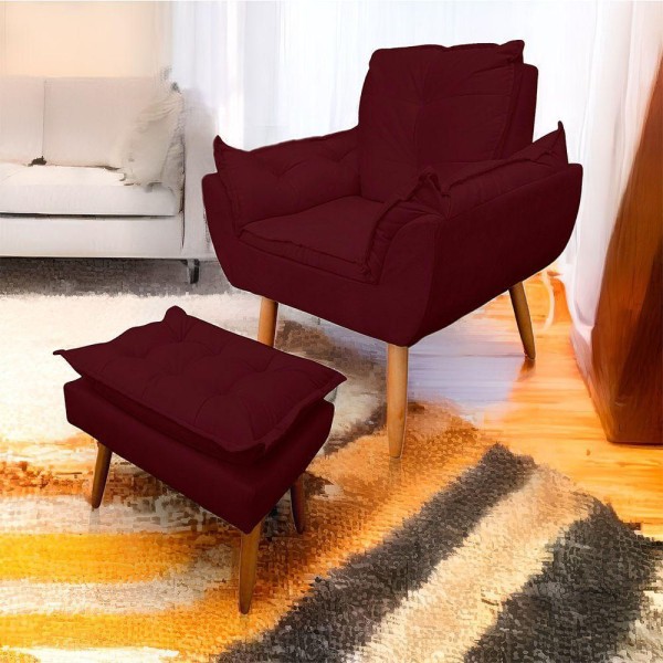 Encontraproduto.com.br - Kit 2 Poltrona Opala Com Puff Opala Para Sala e Quarto Suede Bordo