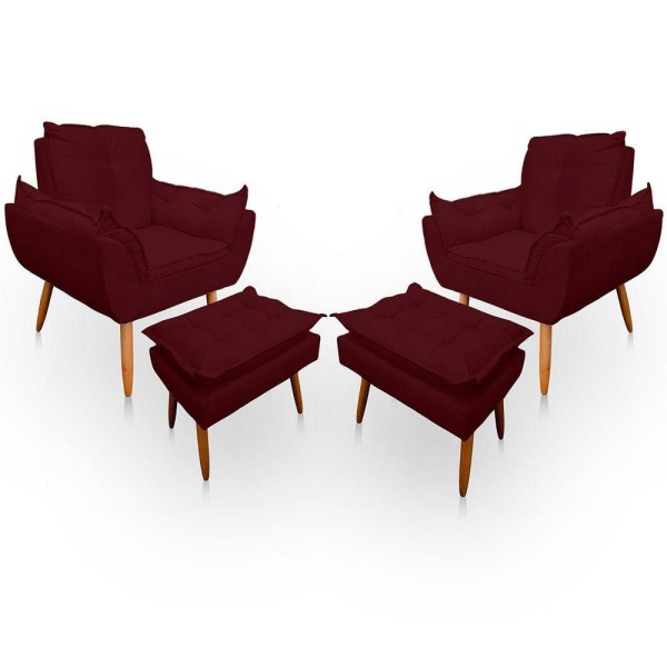 Encontraproduto.com.br - Kit 2 Poltrona Opala Com Puff Opala Para Sala e Quarto Suede Bordo