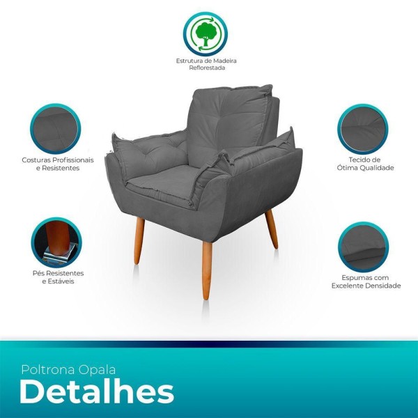 Encontraproduto.com.br - Kit 2 Poltrona Opala Com Puff Opala Para Sala e Quarto Suede Cinza