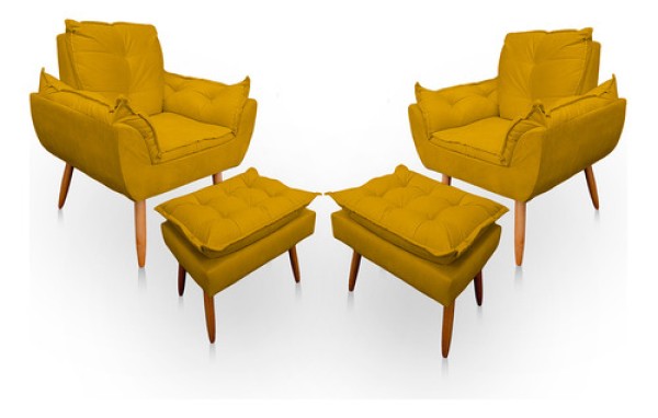 Encontraproduto.com.br - Kit 2 Poltrona Opala Com Puff Opala Para Sala e Quarto Suede Marrom