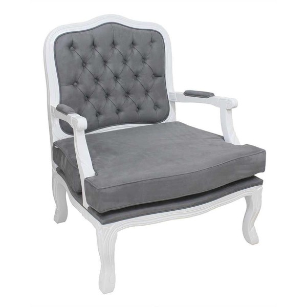 Poltrona Clássica King Entalhada Capitonê Branco Brilho E Suede Cinza