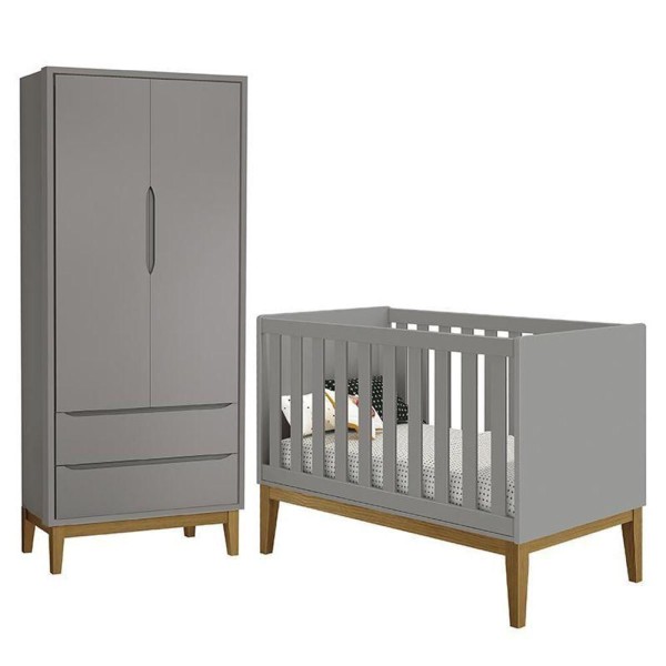 Encontraproduto.com.br - Jogo De Quarto Infantil Guarda Roupa 2 Portas E Berço Classic Cinza Fosco Com Pés Amadeirado Reller Móveis Cinza Fosco