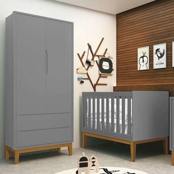 Encontraproduto.com.br - Jogo De Quarto Infantil Guarda Roupa 2 Portas E Berço Classic Cinza Fosco Com Pés Amadeirado Reller Móveis Cinza Fosco
