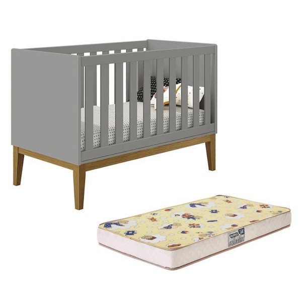 Encontraproduto.com.br - Berço Mini Cama Classic Cinza Fosco Com Pés Amadeirado E Colchão Supreme - Reller Móveis Cinza Fosco