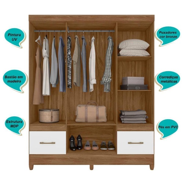 Encontraproduto.com.br - Kit Guarda Roupa Casal Com Espelho Ms 912 + Cômoda Ms 913 Moval - Naturale / Branco