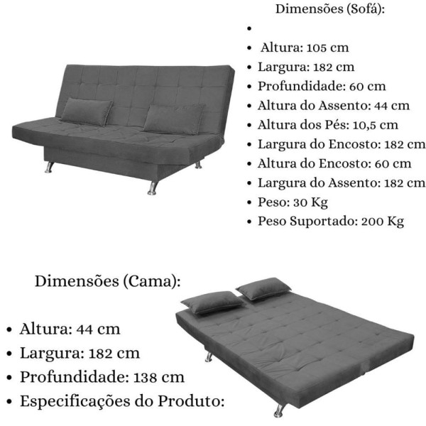 Encontraproduto.com.br - Sofá Cama Casal 3 Lugares Com Almofadas Melina Suede Cinza