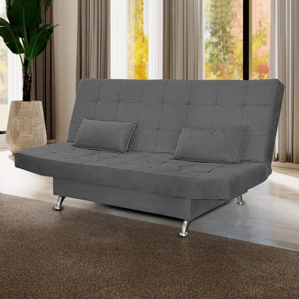 Encontraproduto.com.br - Sofá Cama Casal 3 Lugares Com Almofadas Melina Suede Cinza