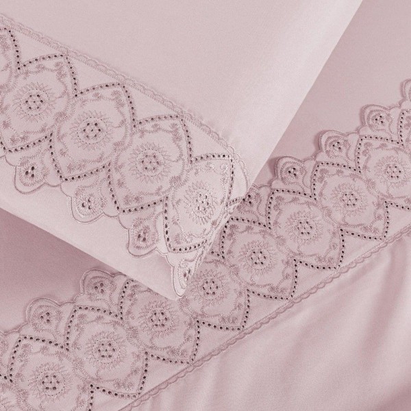 Encontraproduto.com.br - Jogo Cama Solteiro Cherry Bordado Inglês 3 Pçs Rosa