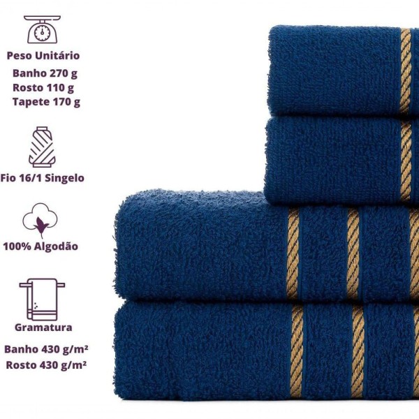 Encontraproduto.com.br - Jogo De Toalha Montreal 2 Banho + 2 Rosto Dourado 100% Algodão Alta Absorção Azul Marinho