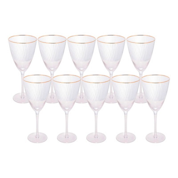 Encontraproduto.com.br - Jogo 10 Taças De Vinho Com Borda Dourada Lines Vidro Transparente 400ml Wolff