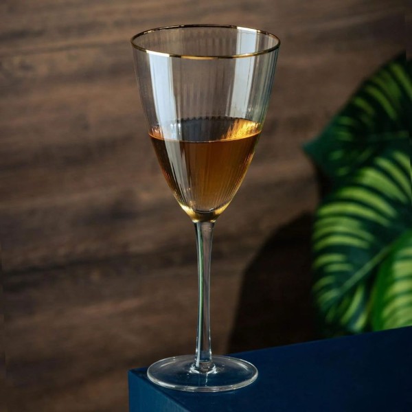Encontraproduto.com.br - Jogo 10 Taças De Vinho Com Borda Dourada Lines Vidro Transparente 400ml Wolff