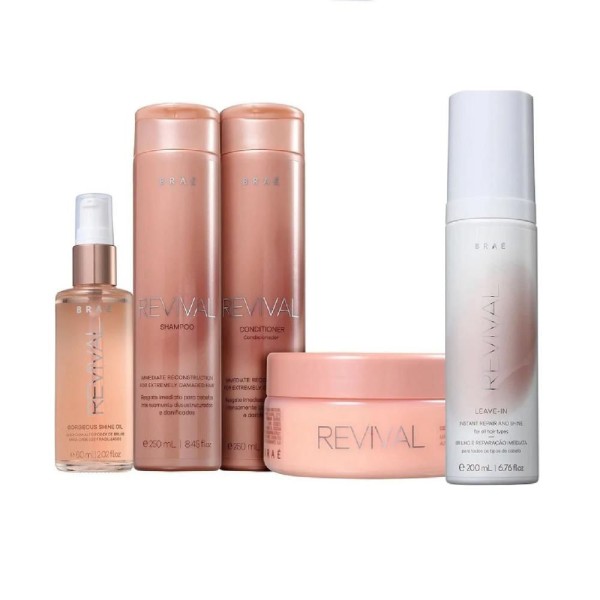 Kit Braé Revival - Shampoo 250ml + Condicionador 250ml + Máscara 200g + Leave-In Revival 200ml + Óleo Gorgeous 60ml