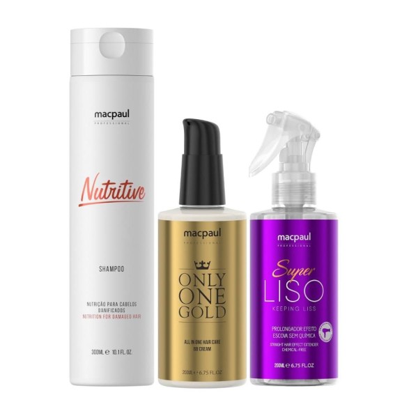 Kit MacPaul -Shampoo Nutritive 300ml + Only One Gold 200ml + Super Liso 200ml