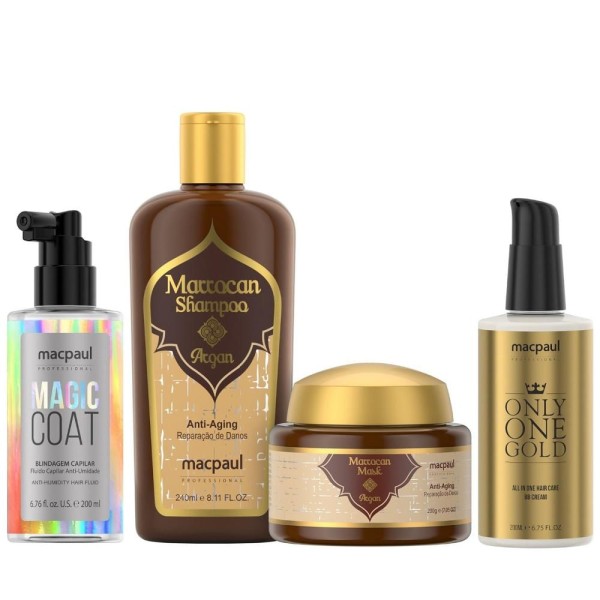 Kit MacPaul Marrocan - Shampoo 240ml + Máscara 200g + Only One Gold 200ml + Magic Coat 200ml