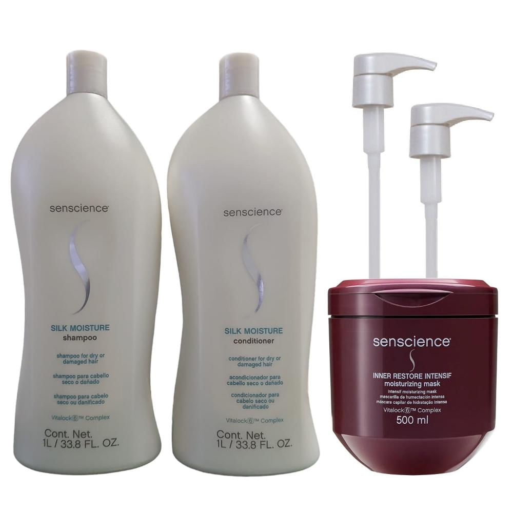 Kit Senscience Silk Moisture Shampoo 1L + Condicionador 1L + Inner Intensif 500ml + Válvulas Pump